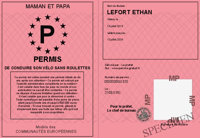 Permis de conduire son velo SANS roulettes